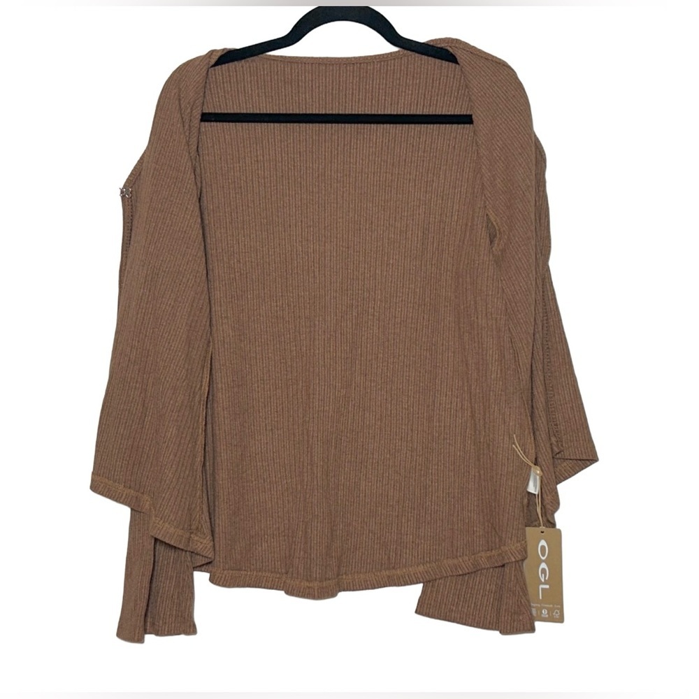 NWT OGL Brown V Neck Flare Long Sleeve Cardigan with Front Hook Closure, Large - Picture 9 of 13